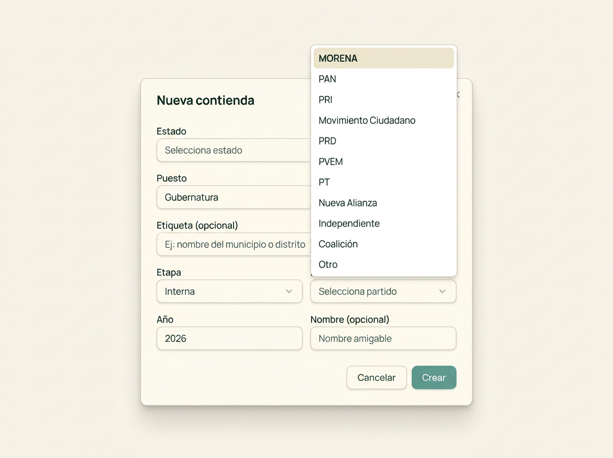 Diálogo de nueva contienda electoral con selección de estado, puesto, etapa y dropdown de partidos políticos mexicanos.
